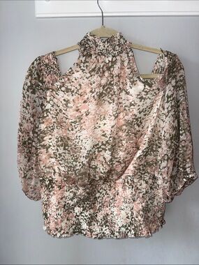 Express Pink/Olive Floral Smocked Neck Blouse